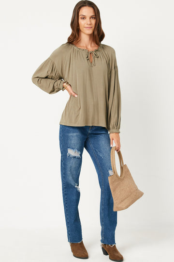 HY5063 OLIVE Womens Flowy Ruffled Neck and Cuff Tie Neck Knit Top Full Body
